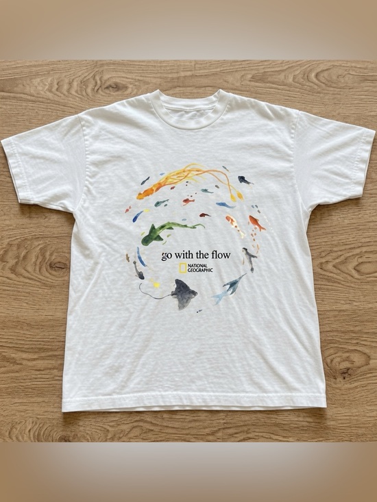 Gildan Tops - National Geographic "Go With The Flow" Fish Graphic T-Shirt in White